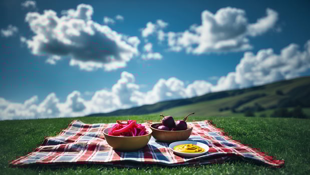 Outdoor Picnic with Pickled Vegetables and Mustard on Grass Field photo