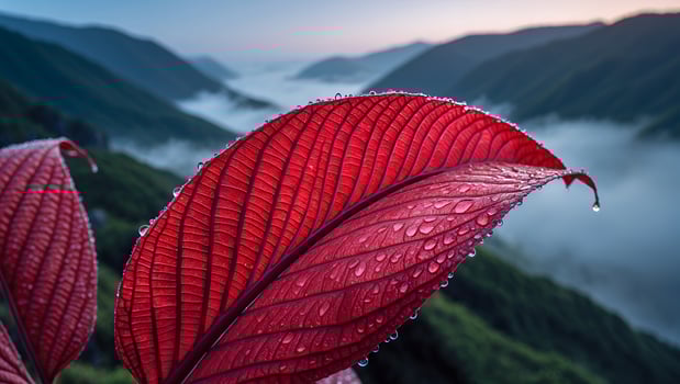 Red Leaf with Water Droplets Overlooking Foggy Mountain Landscape photo