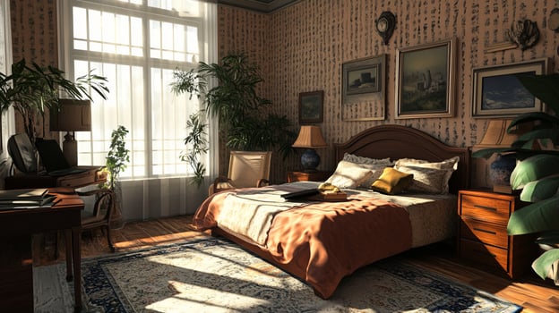 stylish bedroom with designer decor, plants, and warm lighting photo