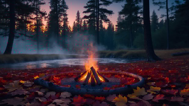 Burning Campfire in Autumn Forest Near River at Dusk with Fog photo