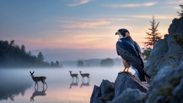 Falcon Perched on Rocks Overlooking Deer in Foggy Lake at Dawn photo
