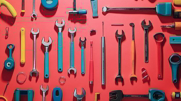 vibrant display of essential car repair tools on red background photo