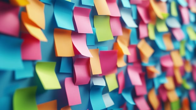 Many colorful sticky notes are hanging on a wall photo