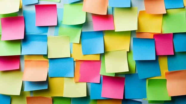 Many colorful post it notes are arranged on a wall photo