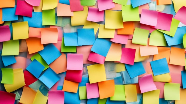 Many colorful sticky notes are arranged on a wall photo