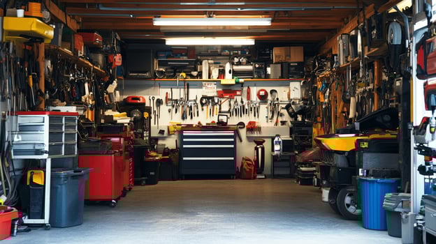 A garage with many tools and tools on the shelves photo