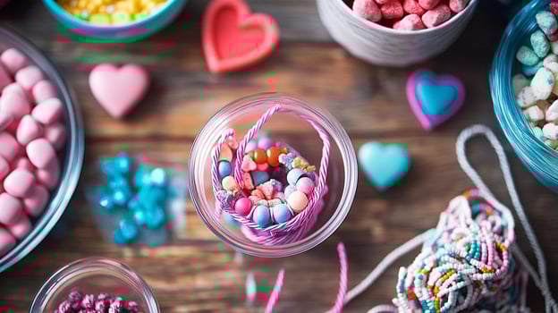 Colorful candy and treats in bowls, perfect for Valentine Day celebrations photo