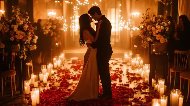 romantic couple dances in softly lit room filled with candles and flowers photo