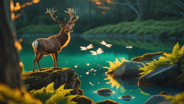 Majestic deer standing by a serene pond surrounded by lush greenery and dragonflies at sunset photo
