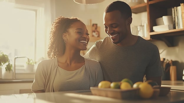 Couples sharing joyful moment while cooking together in bright kitchen photo