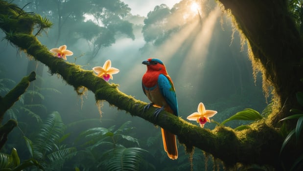 Vibrant bird perched on a mossy branch surrounded by orchids in a misty rainforest with sunlight photo