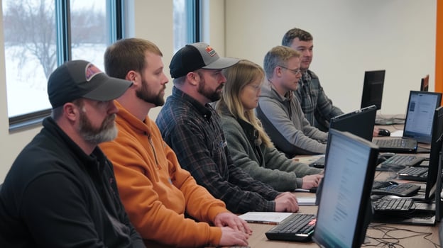 Employees engaged in skills development training session at computers photo