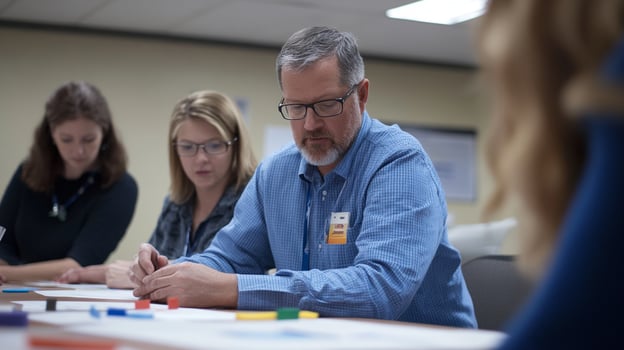 A man and woman are sitting at a table with a man writing on a piece of paper photo
