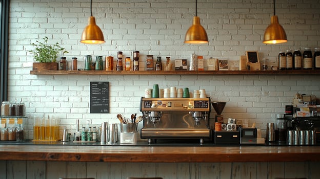 Rustic coffee shop with vintage decor, warm lighting, and artisanal drinks photo
