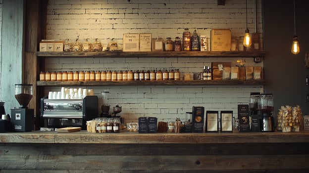 Rustic coffee shop with vintage decor, artisanal products, and warm ambiance photo