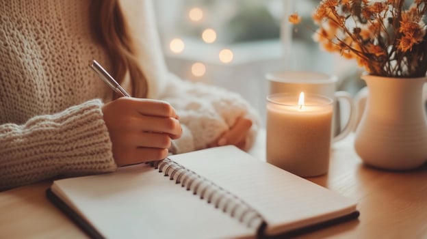 Woman writing in notebook with candle photo