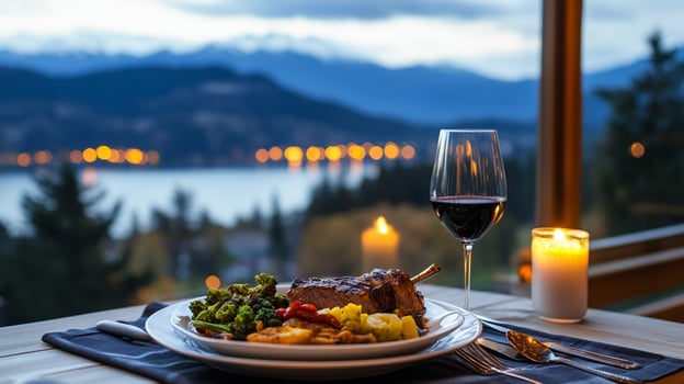 gourmet dinner setup with scenic view, featuring glass of wine photo