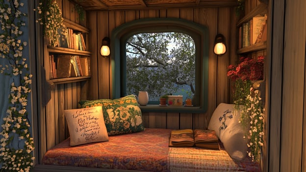 Cozy reading nook with books, cushions, and view of nature outside photo