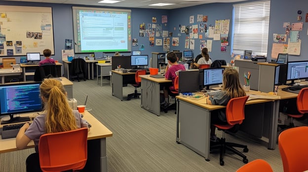 A classroom with many students sitting at desks photo