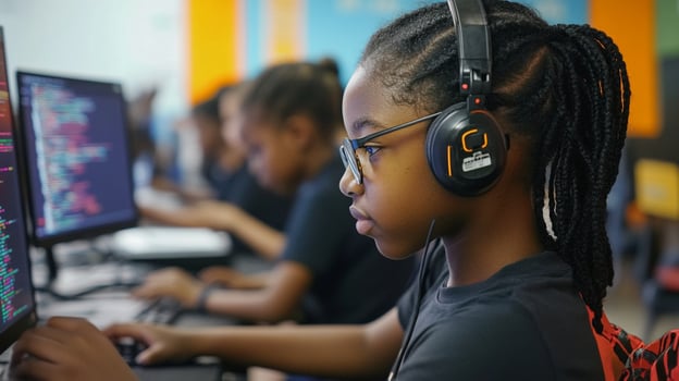 A young girl wearing headphones and a headset on a computer photo