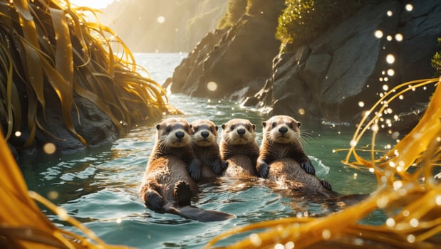 Four playful otters floating together in a serene river setting surrounded by lush greenery and sunlight photo