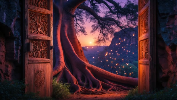 A magical sunset view through ornate wooden doors, revealing a vibrant landscape with glowing lights photo