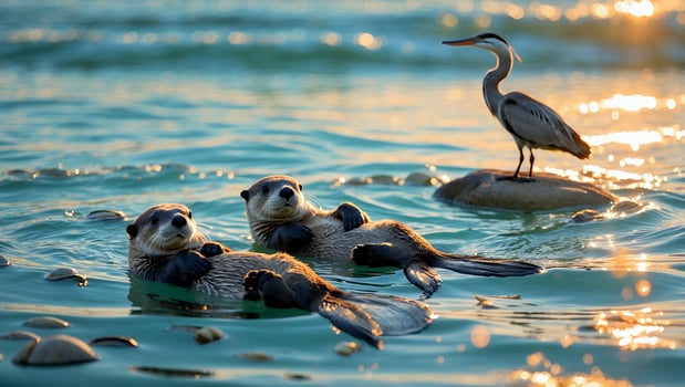 Otters Floating in Ocean Water Near Heron at Golden Hour photo