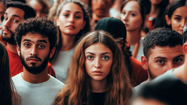 Crowd of serious young people at a demonstration or protest photo