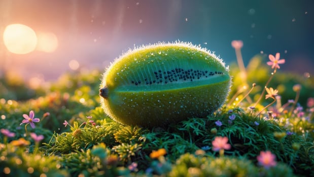 Dew-kissed green fruit resting on vibrant moss surrounded by delicate flowers at sunrise photo