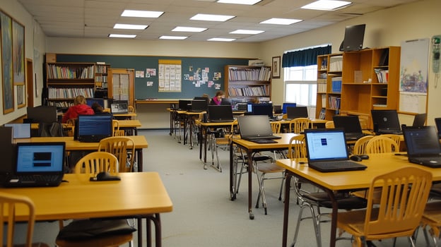 classroom with students using laptops for research and learning photo
