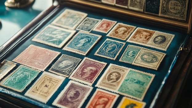 collection of rare stamps displayed in elegant album, showcasing history and art photo