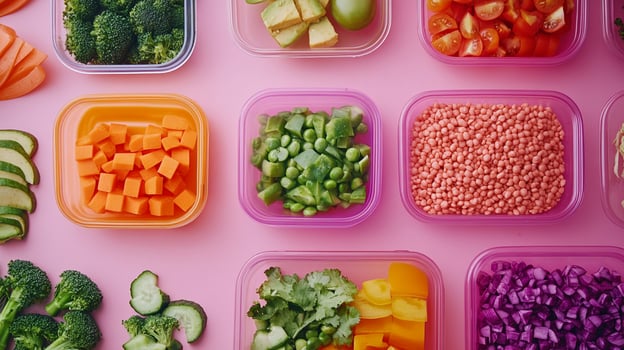 A variety of colorful plastic containers with vegetables photo