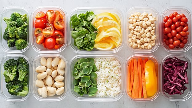 Colorful meal prep scene with fresh vegetables and healthy ingredients photo