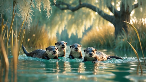 Four playful otters swimming together in a serene, lush green river surrounded by tall grass and trees photo