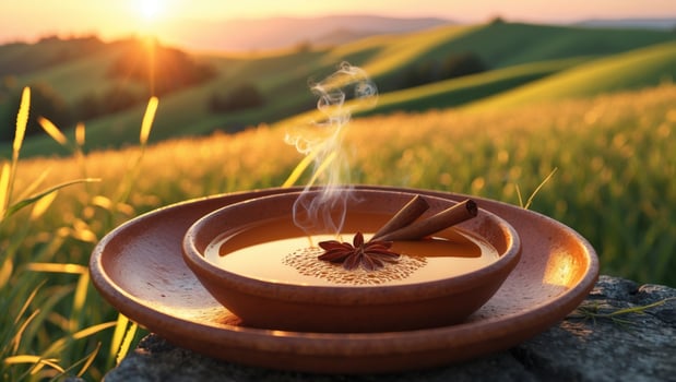 Aromatic spices in a bowl with steam rising, set against a serene sunset over green hills photo