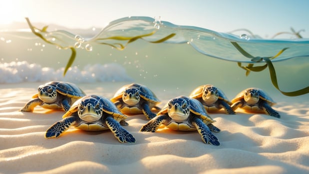 Group of baby sea turtles emerging from the sandy beach, heading towards the ocean under sunlight photo