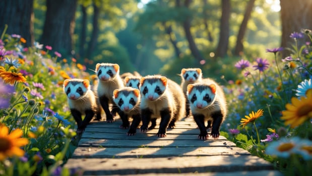 A group of playful raccoons walking along a wooden path through a vibrant flower-filled meadow photo