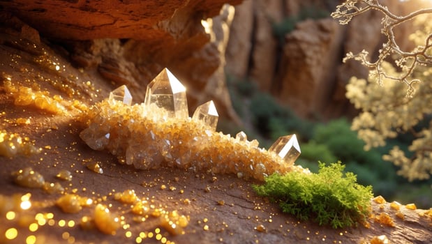 Glimmering crystal formations on rocky terrain in a sunlit canyon with lush greenery in the background photo