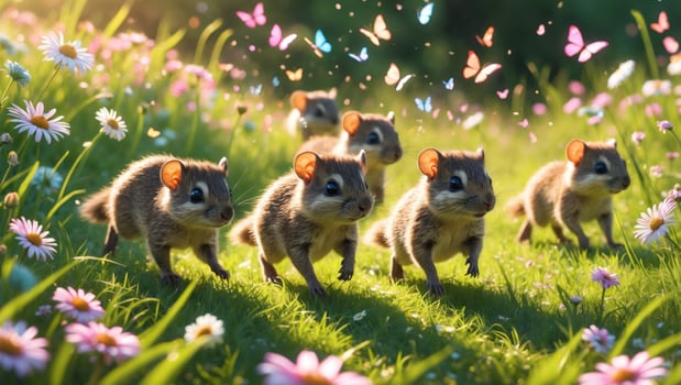 A playful group of baby squirrels frolicking in a vibrant flower-filled meadow under a sunny sky photo