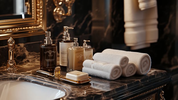 Luxurious bathroom with marble finishes, elegant toiletries, and soft towels photo