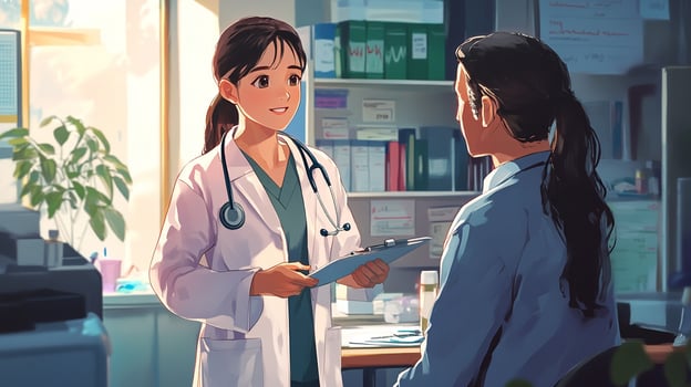 Anime doctor talking to patient in office photo