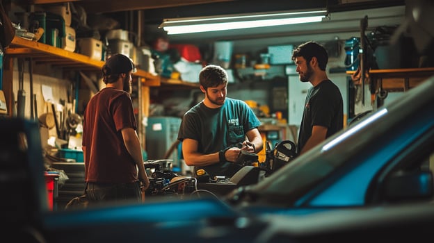 Three men working on a car in a garage photo