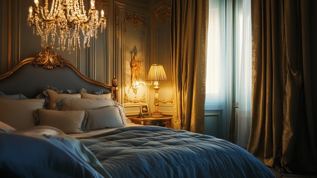 Luxurious bedroom with designer linens, elegant chandelier, and soft lighting photo