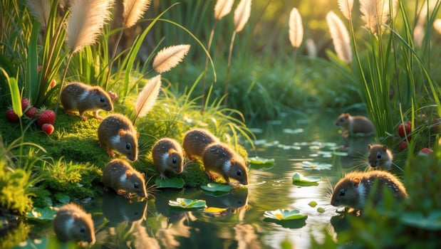 A serene scene of small rodents gathering by a tranquil stream, surrounded by lush greenery and soft sunlight photo