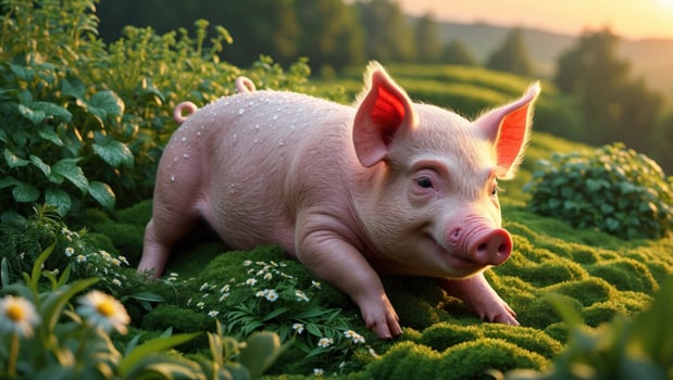 A playful piglet frolics on lush green moss, surrounded by wildflowers in a serene countryside setting photo
