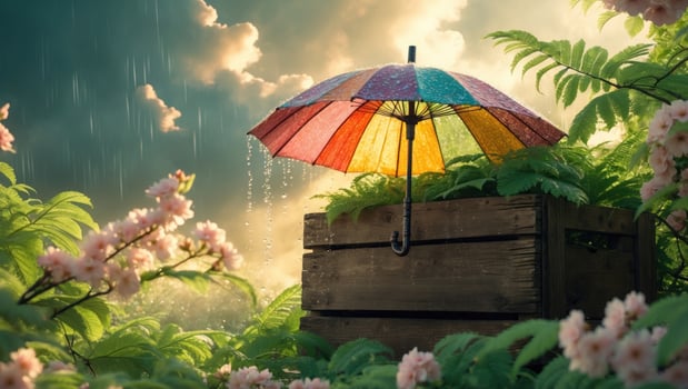 Colorful umbrella resting on a wooden crate amidst lush greenery and blooming flowers in rain photo