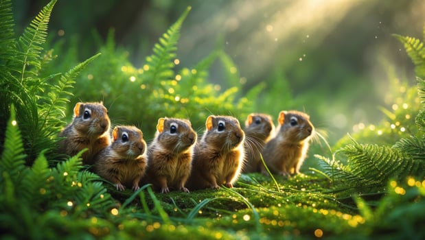 A group of seven cute, curious squirrels sitting on lush green ferns in a sunlit forest clearing photo