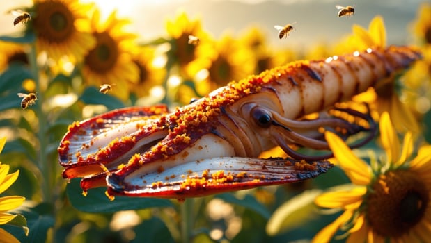 A vibrant squid garnished with spices amidst a field of sunflowers, with bees buzzing around photo
