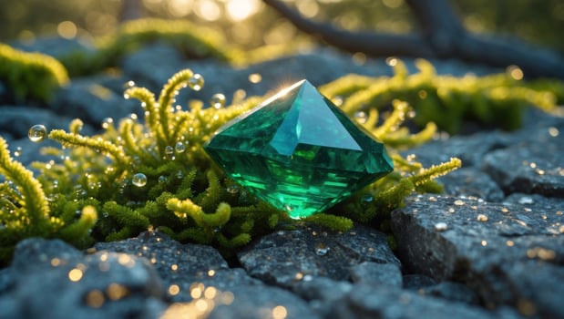Sparkling green crystal resting on vibrant moss amidst glistening dew on rocky terrain at sunrise photo