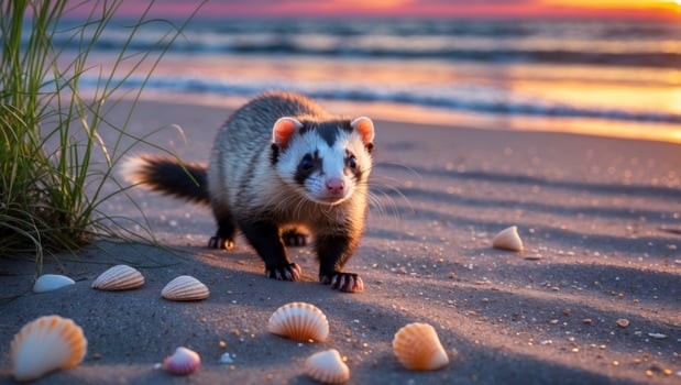 Playful ferret exploring a sandy beach at sunset, surrounded by seashells and ocean waves photo